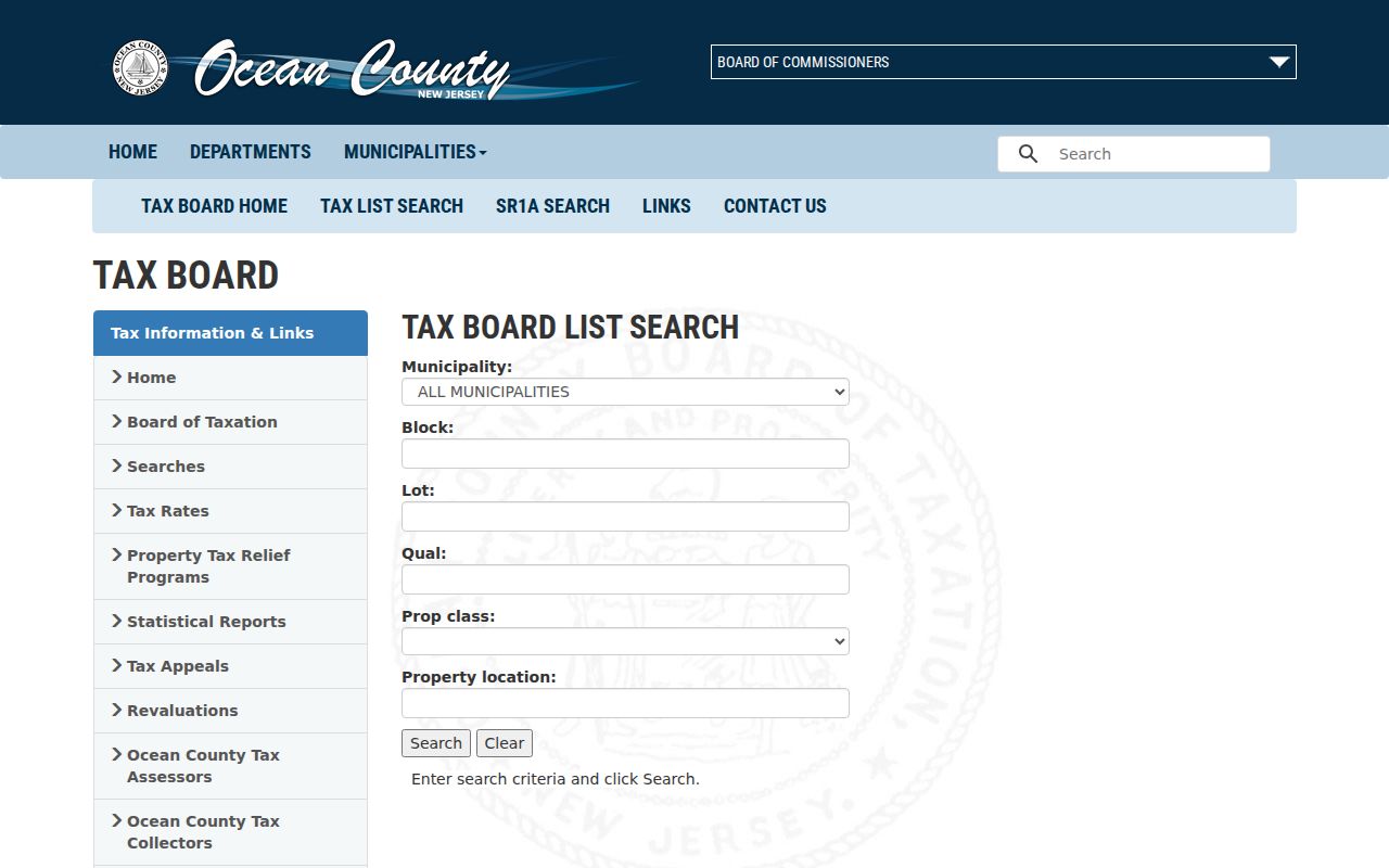 Jackson Township residents directory Ocean County tax search fields
