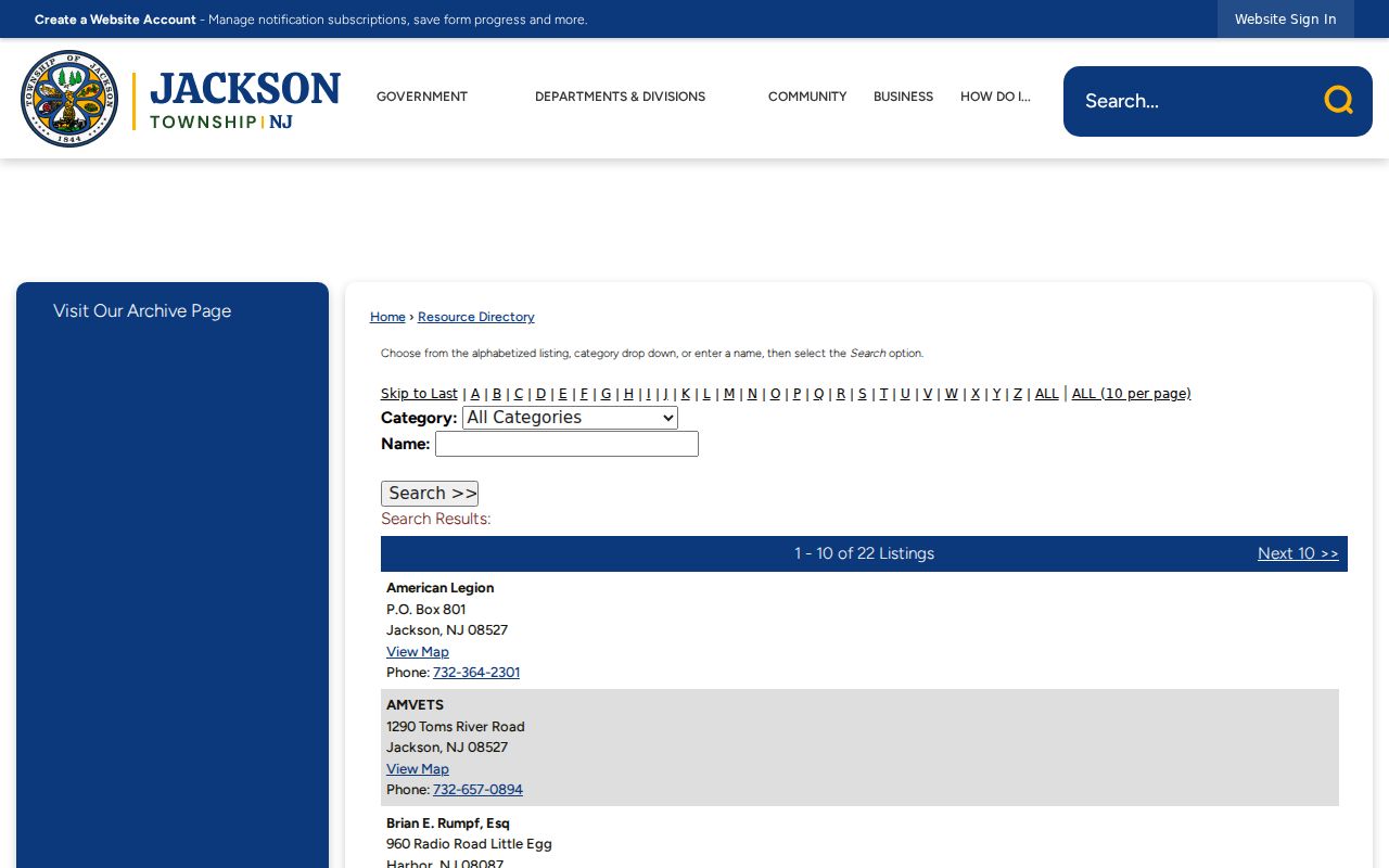Jackson Township neighbors civic directory search for public organization contacts