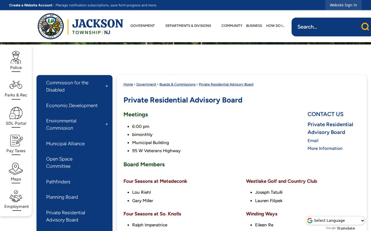 Jackson Township neighbors community liaison information from the Private Residential Advisory Board