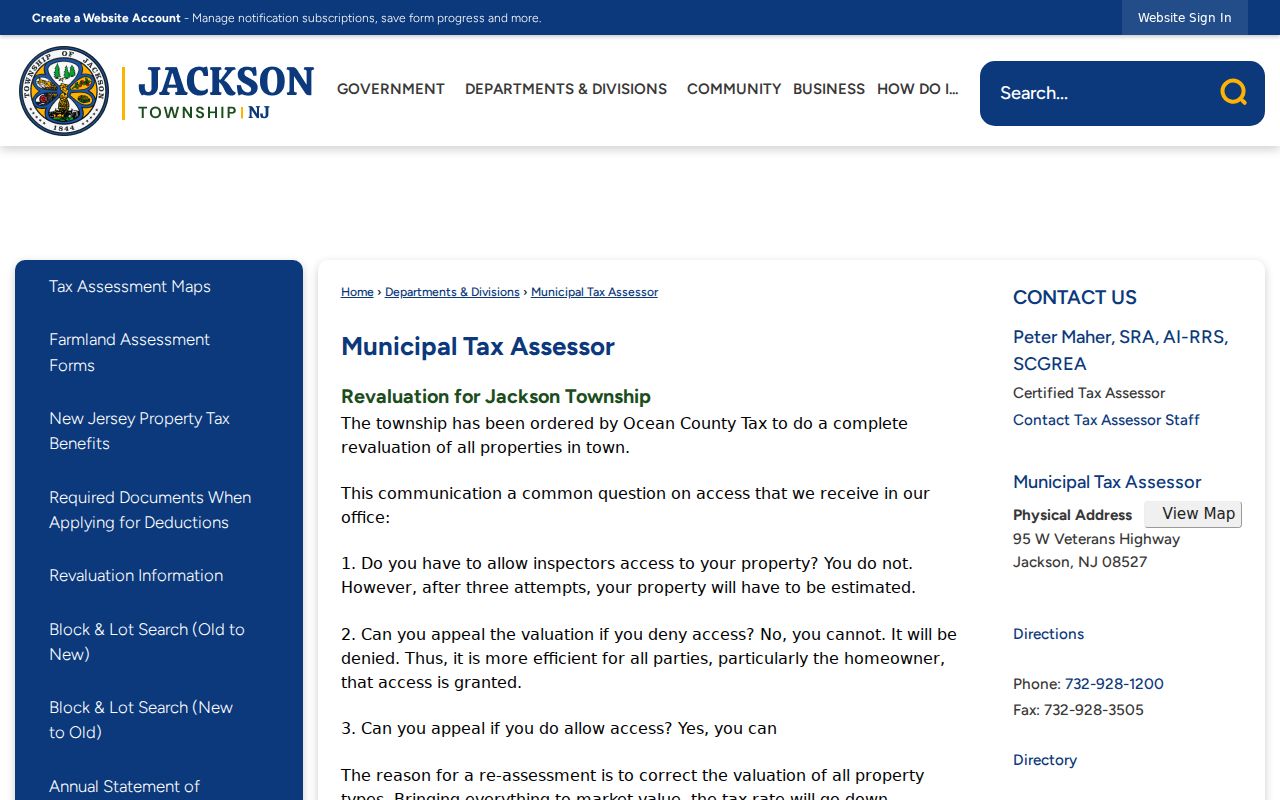 Jackson Township street directory assessor guidance page
