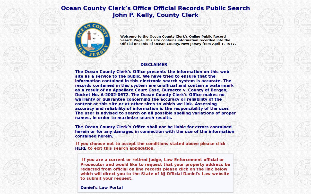 Jackson Township street directory Ocean County Clerk SearchNG page